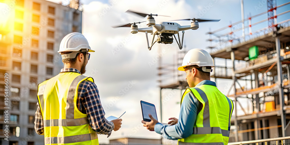 Poster candid photo engineers drones aerial data collection construction site innovative data gathering adv