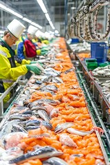 Industrial seafood processing plant with assembly lines, showcasing efficiency in handling large quantities of fish, Seafood processing assembly line, Mass production in fishing