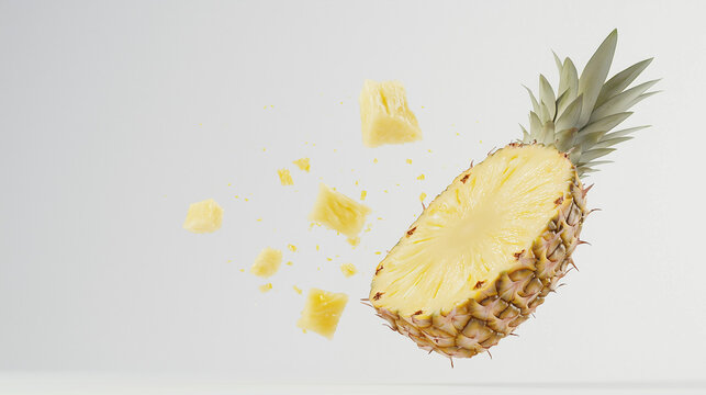 Pineapple Paradise: A juicy pineapple bursts open, revealing its golden flesh in a mid-air explosion of tropical delight.  The vibrant yellow pieces dance around the halved pineapple.
