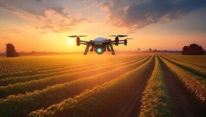 Fototapeta premium A drone hovers above a vibrant agricultural field during sunset, showcasing modern technology in farming.