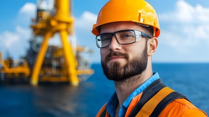 Offshore technician standing on elevated platform inspecting wind turbine blades while secured by safety harnesses