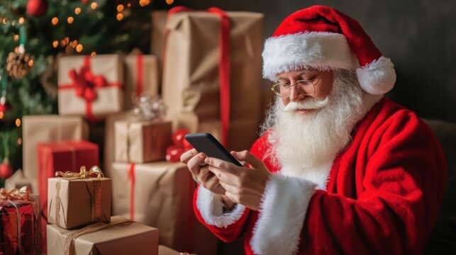 Santa delivering presents via a delivery app, using a smartphone to track orders