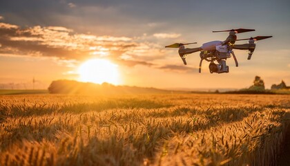 Fototapeta premium A drone flies over a golden field at sunset, capturing the beauty of agriculture and technology blending harmoniously in nature.