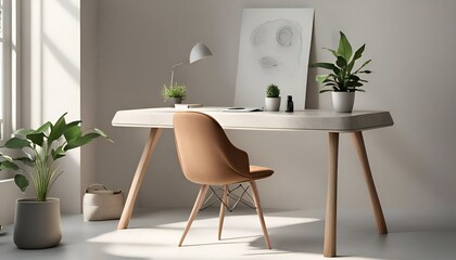 The image shows a modern home office setup with a wooden desk, a brown chair, a painting, a plant, a lamp, and various decorative items..jpg