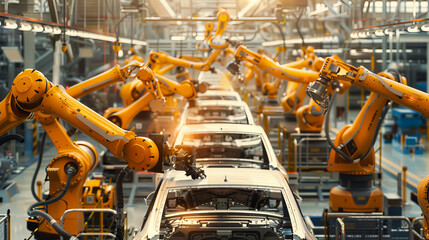 Robotic arms in an automotive assembly line work with precision, showcasing the collaboration between humans and artificial intelligence in manufacturing.