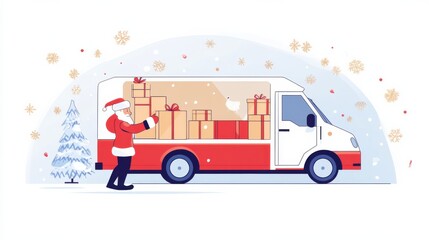 Fototapeta premium Santa in a delivery scene, loading gift boxes into a van, flat vector design