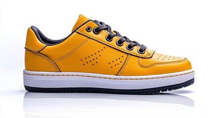 A photostock of yellow sneakers on a white background, bright and casual.