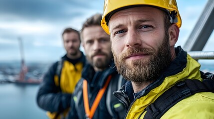 Obraz premium Wind Turbine Technician Carefully Climbing Up Turbine Tower with Safety Harness and Protective Gear for Maintenance and Repair Work in the Renewable Energy Industry