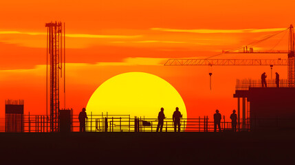 Fototapeta premium Silhouette of engineers and workers on construction site. Construction site with intersection path at sunset in the evening.