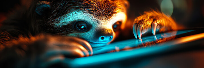 A cute sloth interacts with tablet, showcasing its curious nature in vibrant, illuminated setting. warm colors create cozy atmosphere, highlighting sloths playful engagement