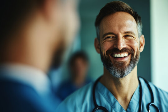 A smiling healthcare professional in scrubs exudes warmth and positivity, showcasing friendly demeanor. background hints at medical environment, enhancing uplifting atmosphere