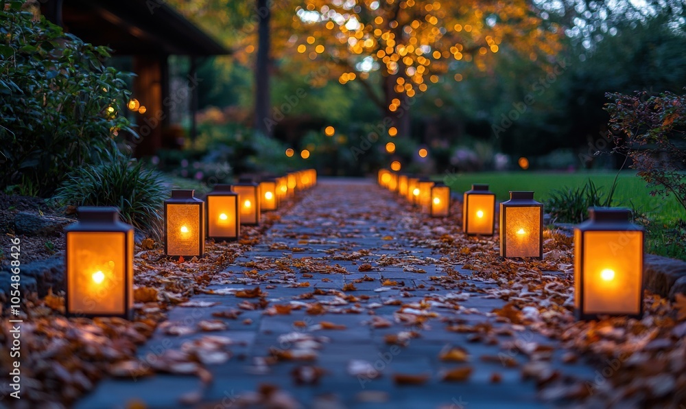 Poster magical autumn evening pathway with lanterns and fallen leaves