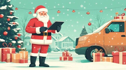 Santa using a modern delivery service, holding a tablet to check addresses, surrounded by gifts, flat design