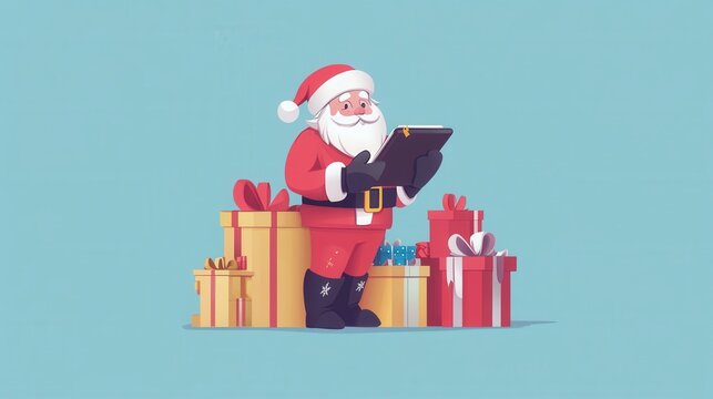 Santa using a modern delivery service, holding a tablet to check addresses, surrounded by gifts, flat design - Powered by Adobe
