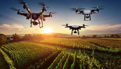 Drones fly over a vineyard at sunset, capturing stunning aerial views of lush fields and vibrant skies, showcasing modern agricultural technology.