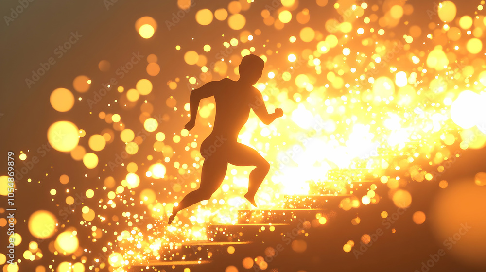 Poster 3d abstract figure running up digital steps - panning shot of abstract figure ascending digital elem