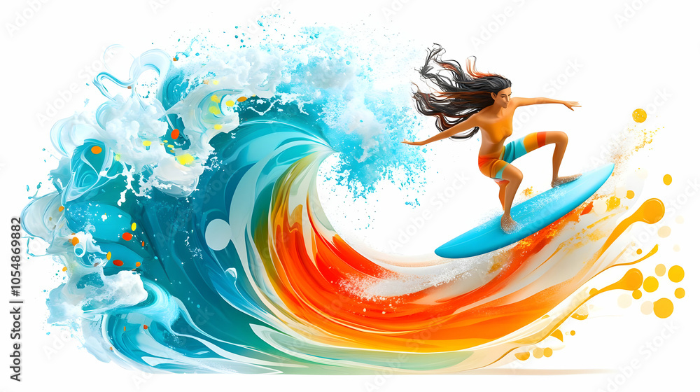 Poster 3d abstract surfer riding digital wave data streams bokeh highlights tech exercise milestones spain 
