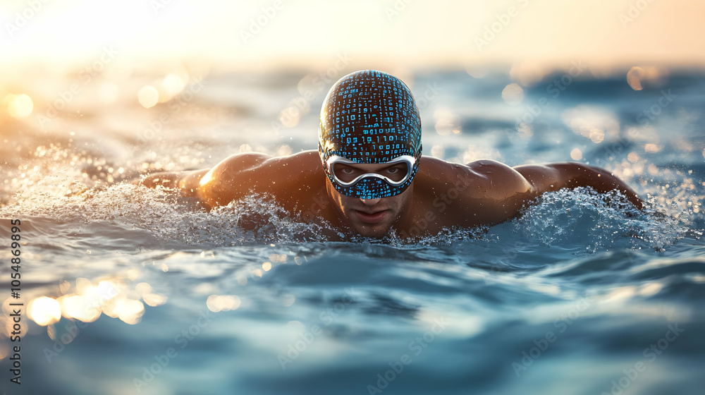 Poster 3d abstract swimmer in digital ocean concept wide shot, swimmer moving through binary code waves wit