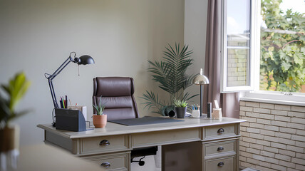 Business Professional Zoom Background. Desk with computer, chair, plants, and lamp.  