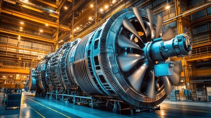 Industrial engine room interior. Industrial power plant main generator with enormous diesel engine. high voltage industrial diesel generator at a power generation plant