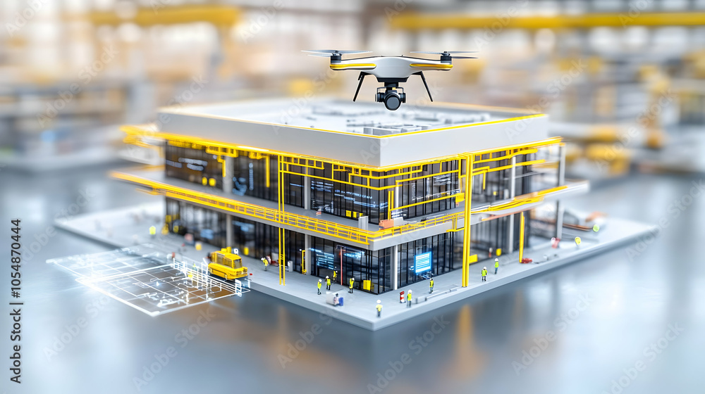 Poster 3d automated construction site management concept wide shot workers using tablets drones for automat