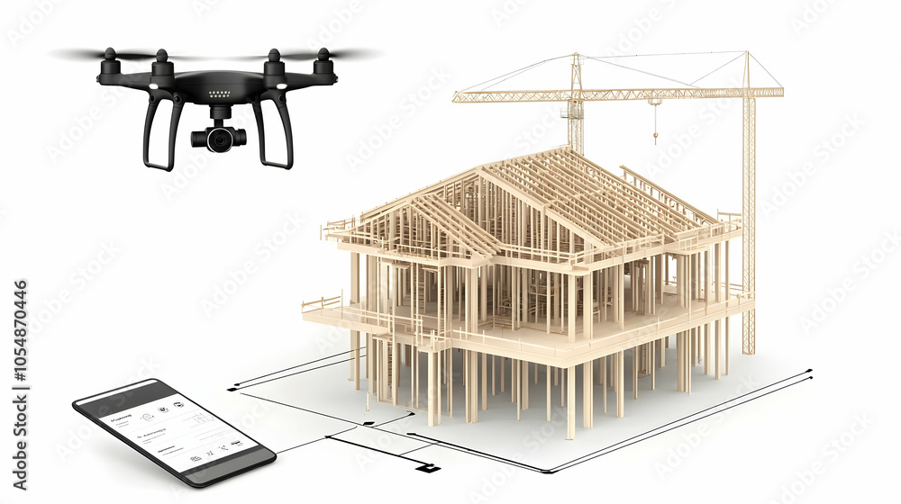 Poster 3d automated construction site management concept visualizing workers using tablets drones managing 