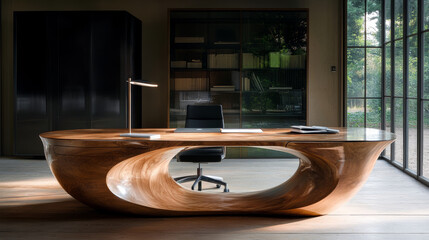Obraz premium A modern wooden desk with unique design, featuring curved shape and glass top, is placed in stylish office space. room is well lit with natural light, creating serene atmosphere