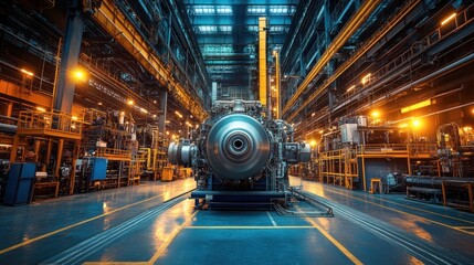 Industrial engine room interior. Industrial power plant main generator with enormous diesel engine. high voltage industrial diesel generator at a power generation plant
