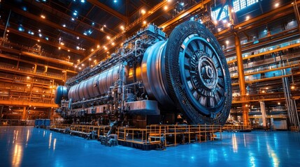Industrial engine room interior. Industrial power plant main generator with enormous diesel engine. high voltage industrial diesel generator at a power generation plant