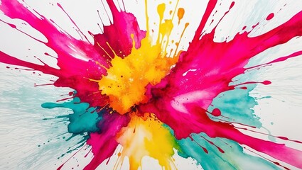 Bright, energetic watercolor with bold splashes in fuchsia, yellow, and teal. Created with generative AI technology