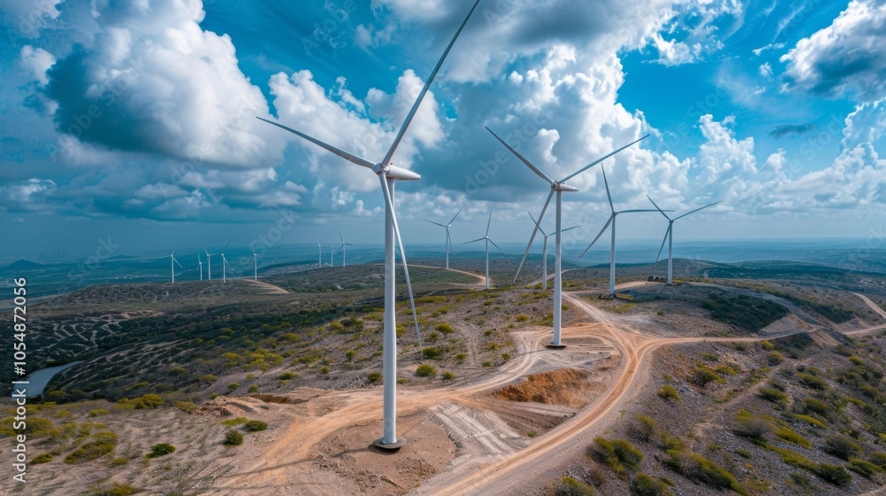 Poster a panoramic view of the construction site with multiple wind turbines in various stages of completio