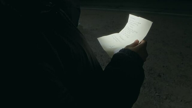 Female detective reading ransom note left by professional kidnappers at outdoor night crime scene