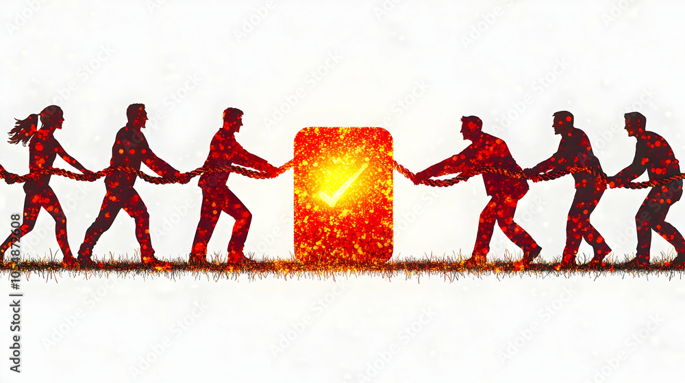 Poster 3d business team pulling digital rope toward glowing milestone icon - concept of teamwork achievemen