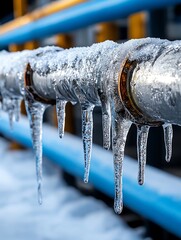 Frozen pipe with icicles, industrial setting, blue railing in background.