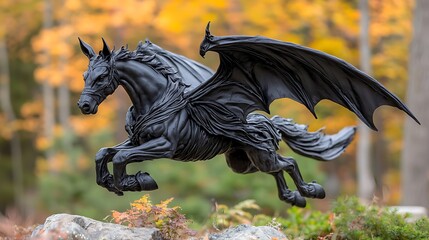 Fototapeta premium Majestic winged horse sculpture a stunning display of artistry and imagination in natural surroundings capturing the essence of mythical beings