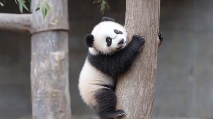 Obraz premium Playful panda cub climbing a tree, showing curiosity.