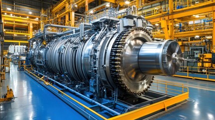 Industrial engine room interior. Industrial power plant main generator with enormous diesel engine. high voltage industrial diesel generator at a power generation plant