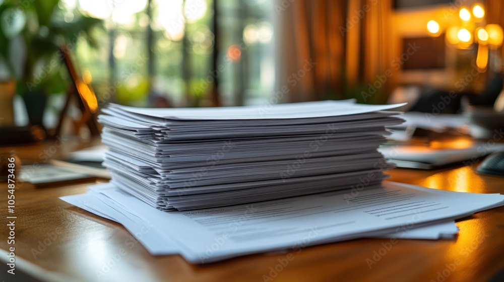 Poster a stack of papers on a desk in a well-lit workspace.