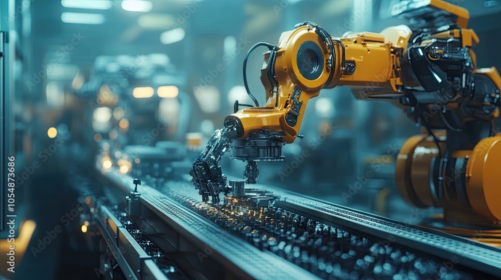 Poster robotic arm assembling parts on a conveyor belt in an automated factory.