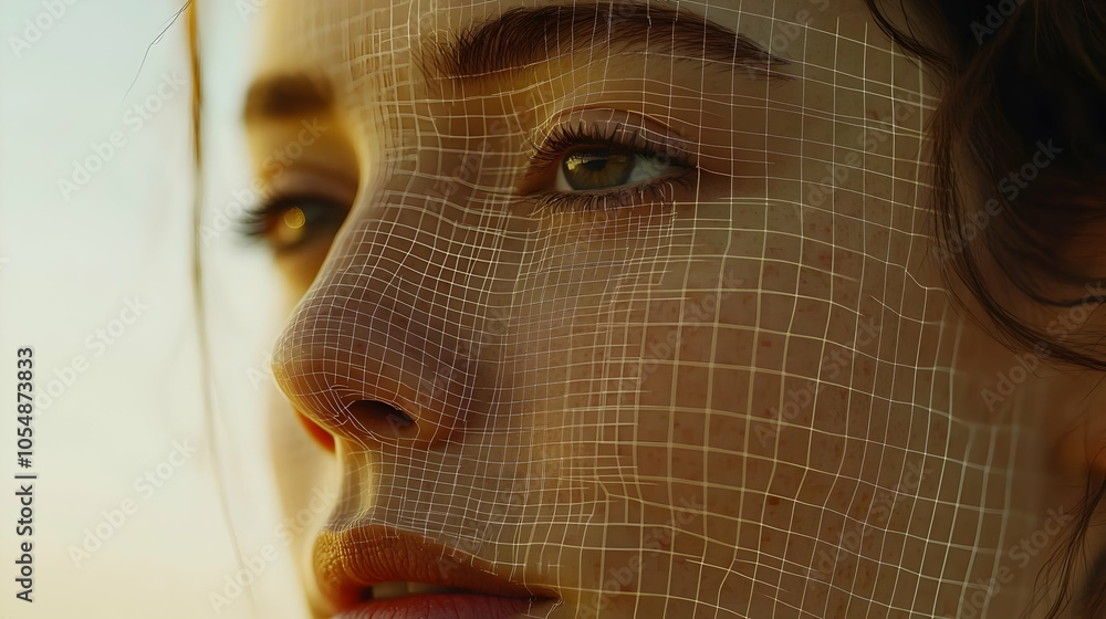 Poster 3d close up ai facial recognition grid macro view scanning human face intricate digital lines ai con