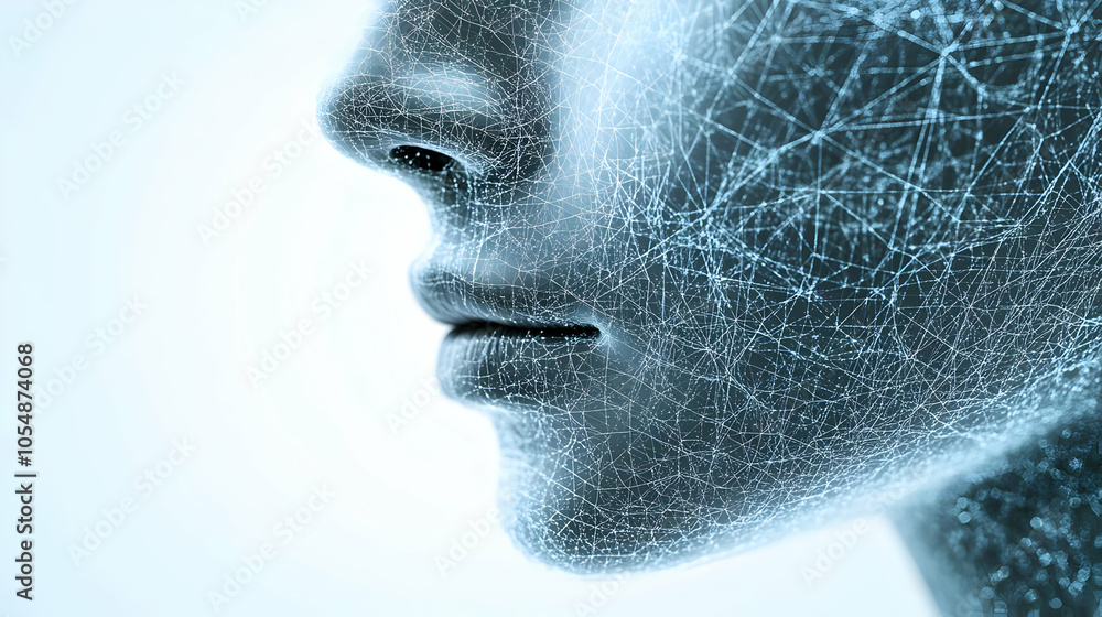Poster 3d close-up ai facial recognition grid macro view scanning human face intricate digital grid lines s