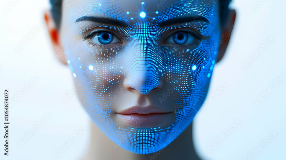 Poster 3d close up ai virtual assistant display macro holographic face detailed pixels connection nodes foc