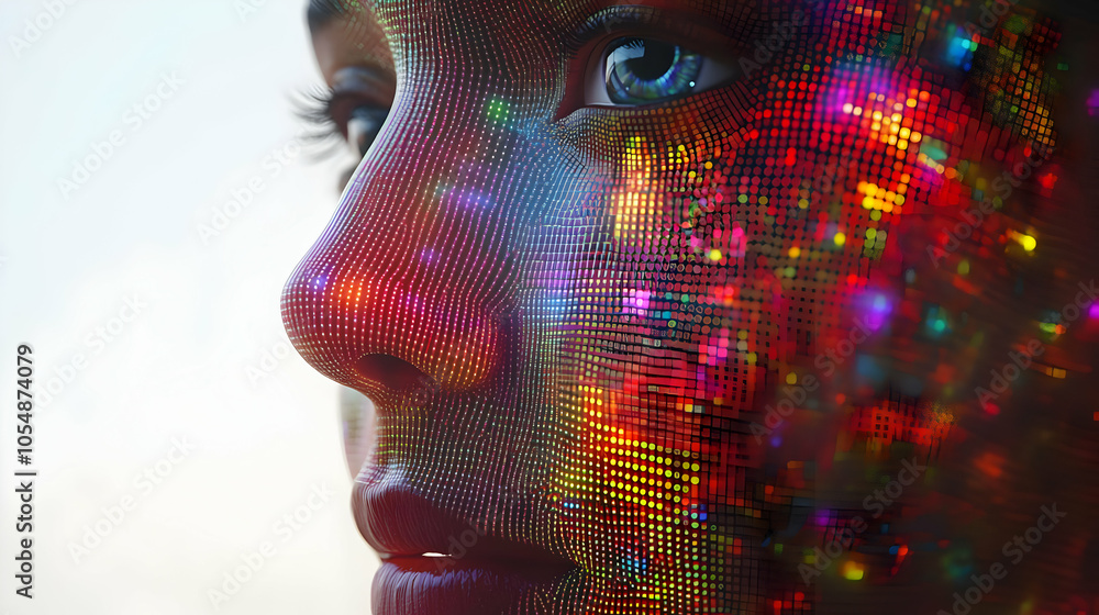 Poster 3d close-up ai virtual assistant display macro shot holographic face detailed pixels connection node