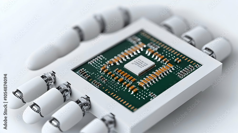 Poster 3d close up ai chip robotic hand macro shot intricate details connectivity technological progress fu