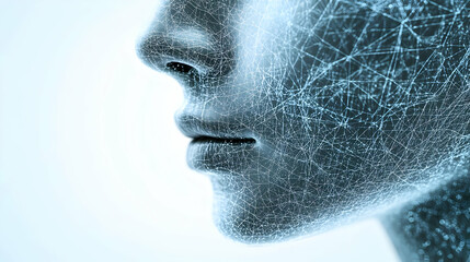 3D Close-up AI Facial Recognition Grid Macro View Scanning Human Face Intricate Digital Grid Lines Showcasing AI Connectivity Progress Identity Verification France Icon Isolated White Background