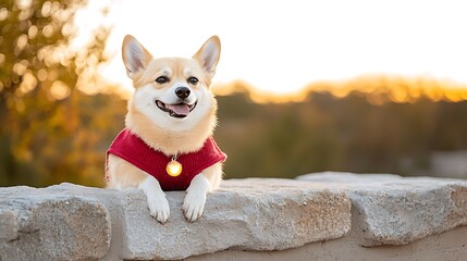 Charming corgi enjoys a golden sunset radiating joy and playfulness in a scenic outdoor setting