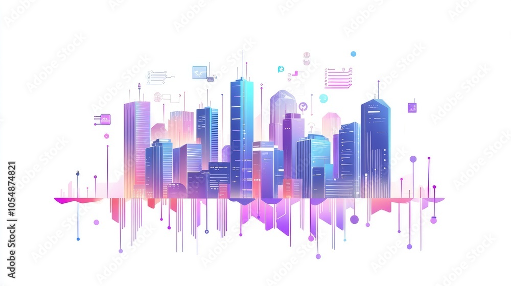 Poster smart city concept with connected devices and data flowing between them.