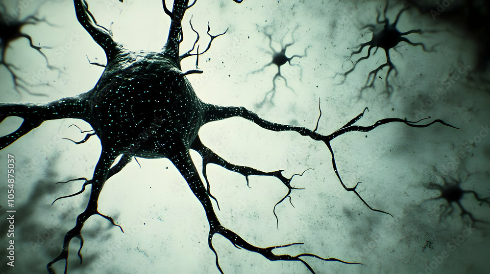 Poster 3d macro close-up neuron firing with fitness data graphics - mind body tech connection in achieving 