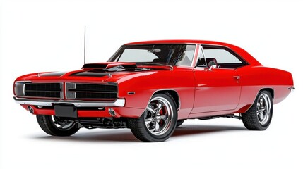 A photostock of a vintage muscle car on a white background, classic and powerful.