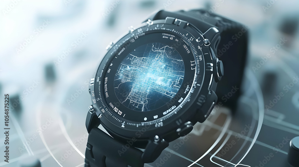 Poster 3d close up smartwatch hologram map projecting route planning macro image navigation milestones exer